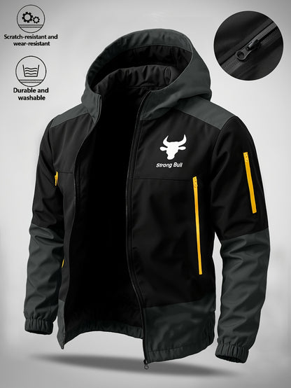 Men's Casual Softshell Hooded Jacket with Bull Logo