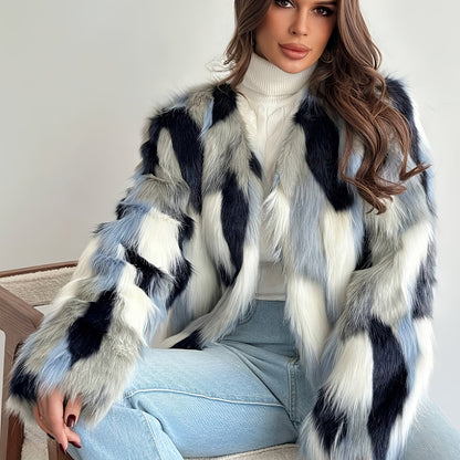 Women's Elegant Tie-Dye Faux Fur Coat - Plush Warm Winter Outerwear with Blue Black White Grey Pattern, Machine Washable Fall Winter Fashion Coat for Casual & Formal Outfits, Winter Coat, Open Front Design, Soft Texture