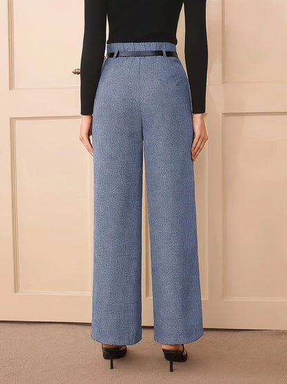 Large Elegant High-Waist Gray Wide Leg Pants for Women - Polyester Blend, Casual Straight Cut, Non-Stretch Solid Color, Long with Button Detail, All-Season Wear