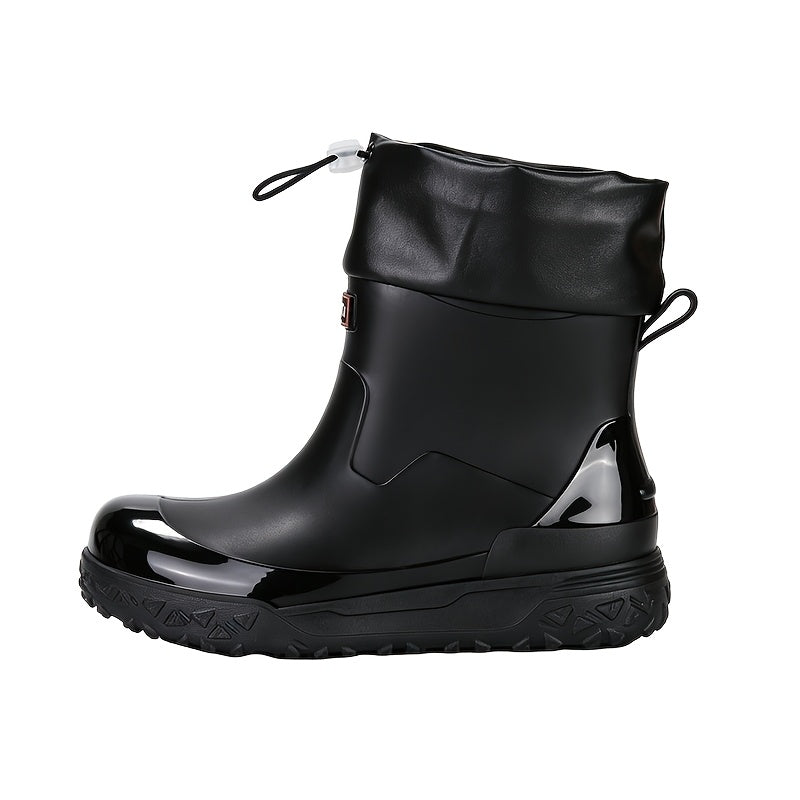 Men's Short PVC Rain Boots with Adjustable Drawstring & Tread Sole