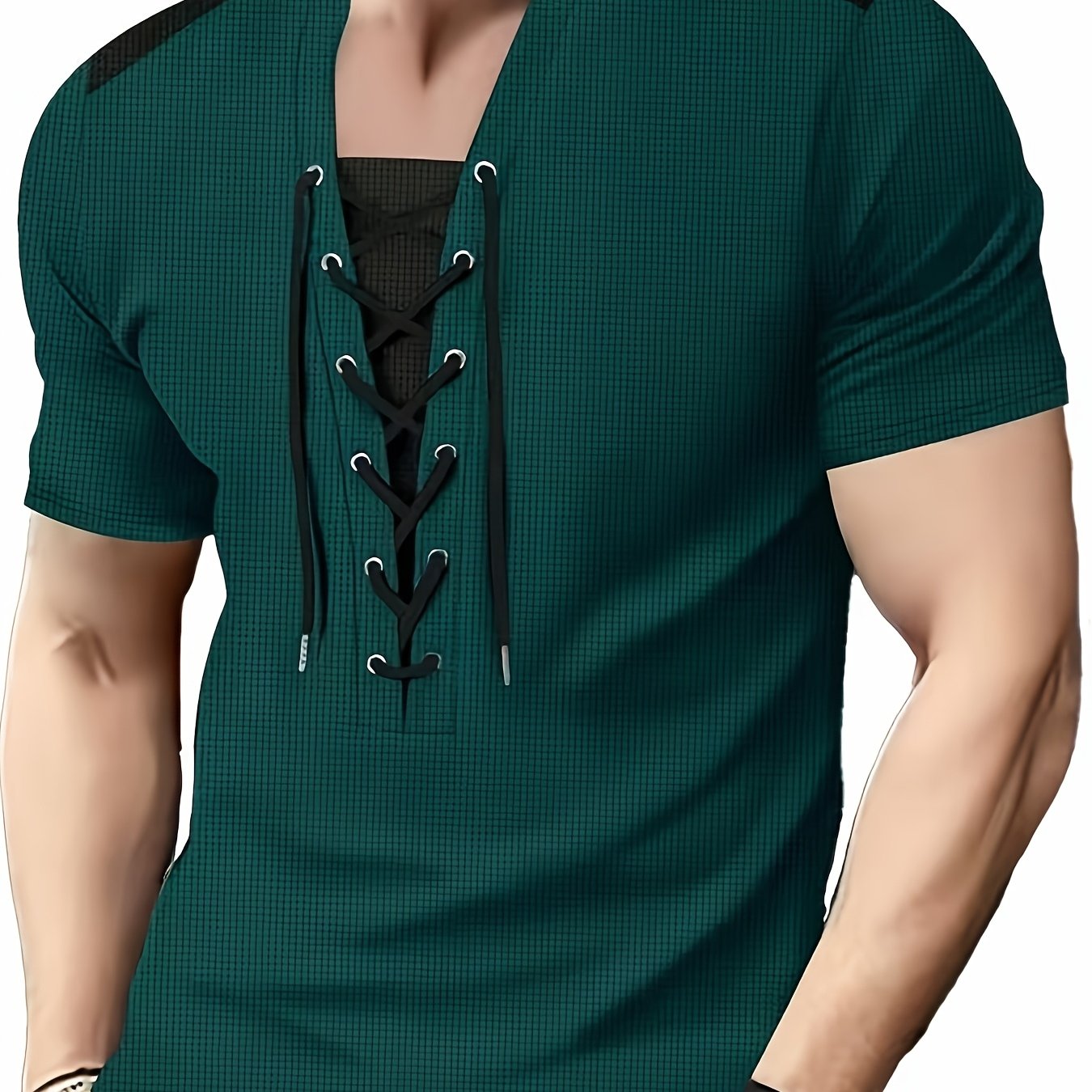 Men'S Casual Waffle Knit Short Sleeve T-Shirt with Drawstring Detail - Maroon  Black, Round Neck, Breathable Polyester Fabric for Summer Outings, Casual Weekend Wear   Round Neck Tee   Stylish Contrast Stitchin