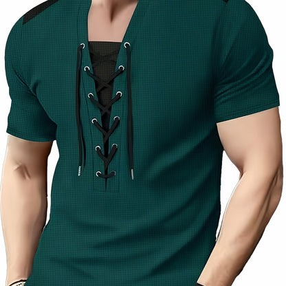 Men'S Casual Waffle Knit Short Sleeve T-Shirt with Drawstring Detail - Maroon  Black, Round Neck, Breathable Polyester Fabric for Summer Outings, Casual Weekend Wear   Round Neck Tee   Stylish Contrast Stitchin