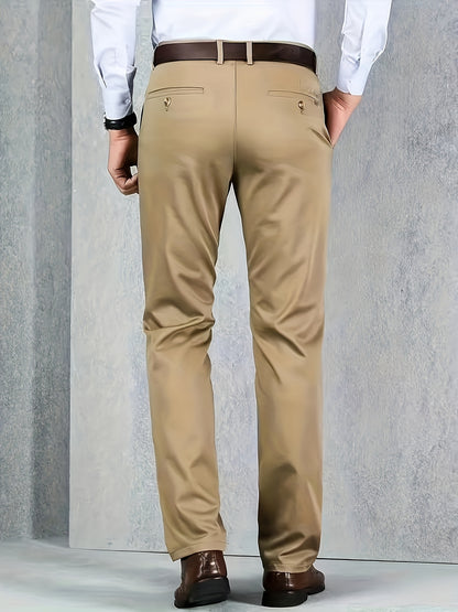 [Durable Build] Men's All-Season Casual Dress Pants - Business Style Stretch Trousers, Comfortable Classic Design, Light Brown Polyester Blend, Machine Washable, Smooth Finish, Regular Fit for Office or Leisure Wear