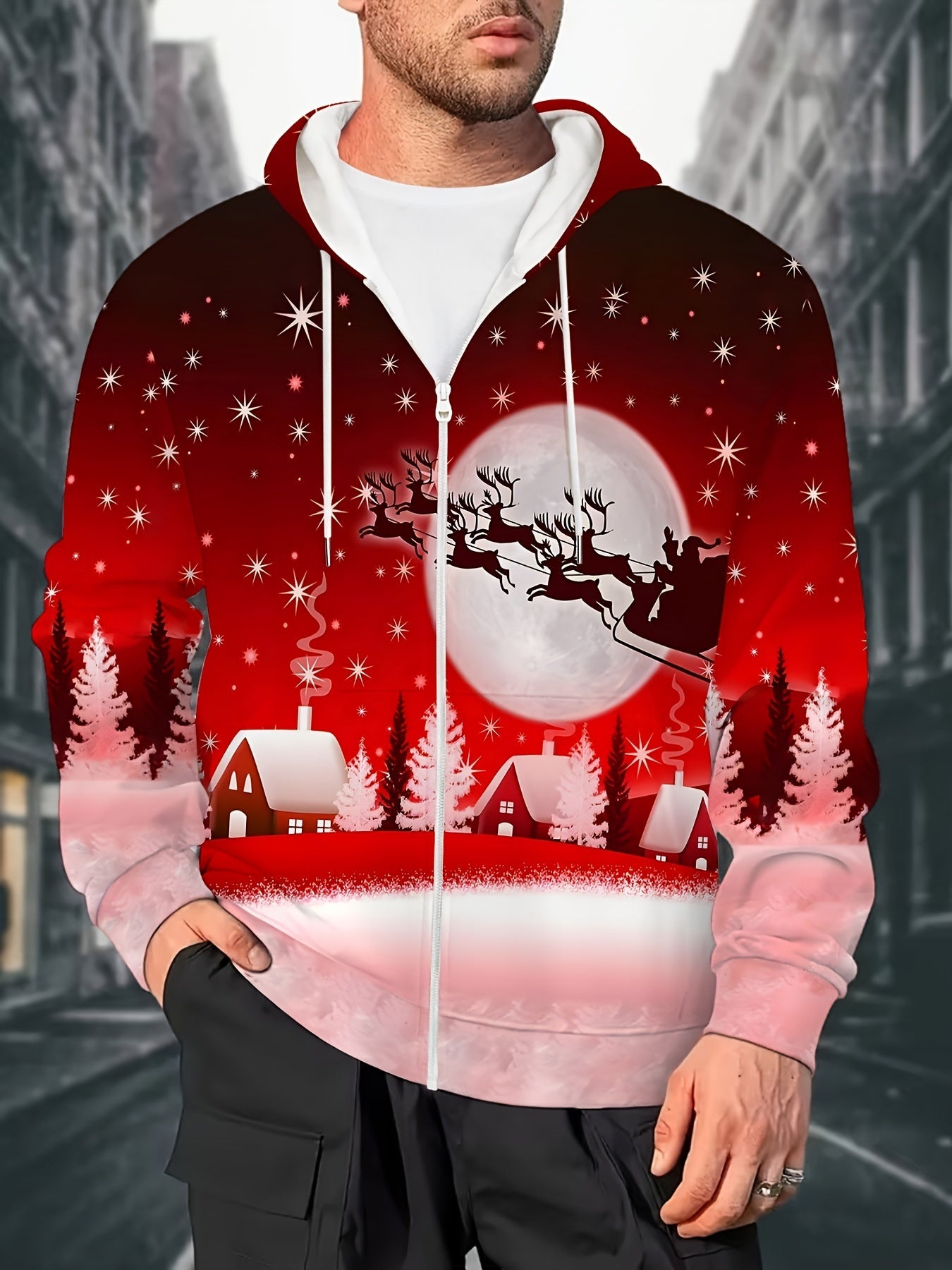 Men'S Christmas Hoodie with Full-Zip Closure - Red & Pink Holiday Print Sweatshirt, Machine Washable Polyester Jacket for Christmas Parties, Family Gatherings - Cozy Winter Outerwear for Men, Seasonal Fashion, Festive Design,