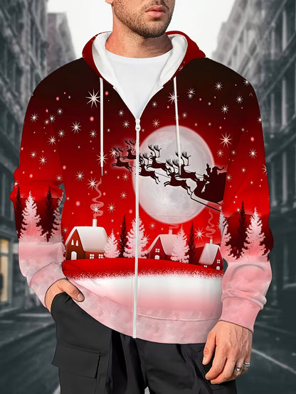 Men'S Christmas Hoodie with Full-Zip Closure - Red & Pink Holiday Print Sweatshirt, Machine Washable Polyester Jacket for Christmas Parties, Family Gatherings - Cozy Winter Outerwear for Men, Seasonal Fashion, Festive Design,