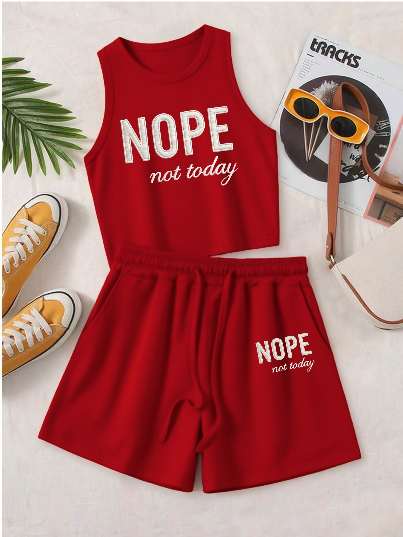 Casual Printed Vest and Shorts Set with Drawstring Pockets