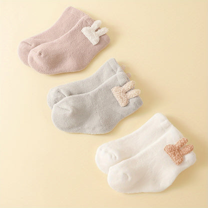 3 Pairs Cozy Terrycloth Cartoon Youngsters Socks - Thick Mid-Calf, Candy Colors (White, Pink, Light Gray), Soft & Warm for Autumn/Winter, Hand Wash Only, Youngsters Socks