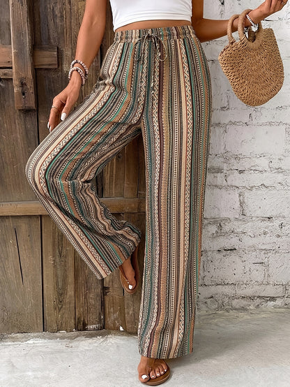 Women's Casual Wide Leg Bohemian Pants with Drawstring Waist