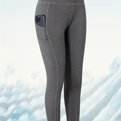 Women'S High-Waist Cropped Yoga Pants, Polyester Knit Fabric, Solid Color, All-Season Sports Tights with Pockets, Skinny Fit, Elastic Waist, No Belt, 220g/m² Stretch Fabric, Ideal for Yoga & Casual Wear