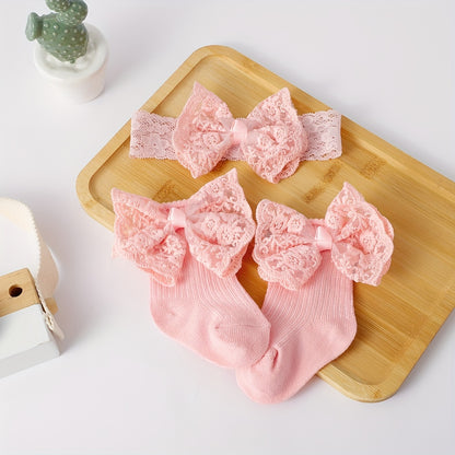 1 Set Baby Lace Bowknot Socks and Hairband, Polyester 95% Spandex 5%, All-Season Knit Fabric, Hand Wash Only, Perfect for Newborn, First Birthday Gift, 27g/m²