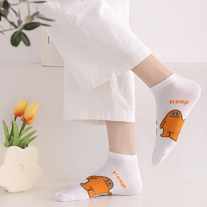 5pcs Cute Animal Cartoon No-Show Socks for Women - Soft Polyester Blend, Playful "HEY! DANCE!" "KEEP!" "EMOTIONS!" Designs, Machine Washable, Elegant Style, Funny Socks