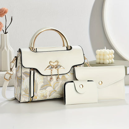 Կանացի պայուսակների հավաքածու՝ երեք հատից բաղկացած. տպագիր ուսի պայուսակներ, ոճային ձեռքի պայուսակներ և բազմակողմանի ուսապարկեր՝ մարմնին կպցնելու համար