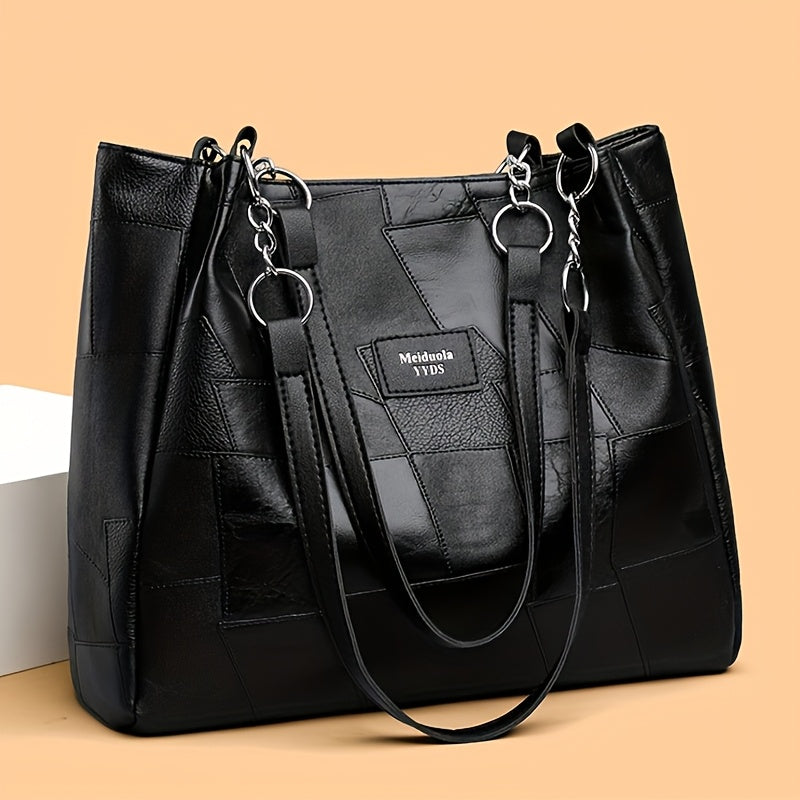 Women's Fashion Shoulder Bag with Patchwork Pattern and Chain Tote Handbag for Travel and Shopping