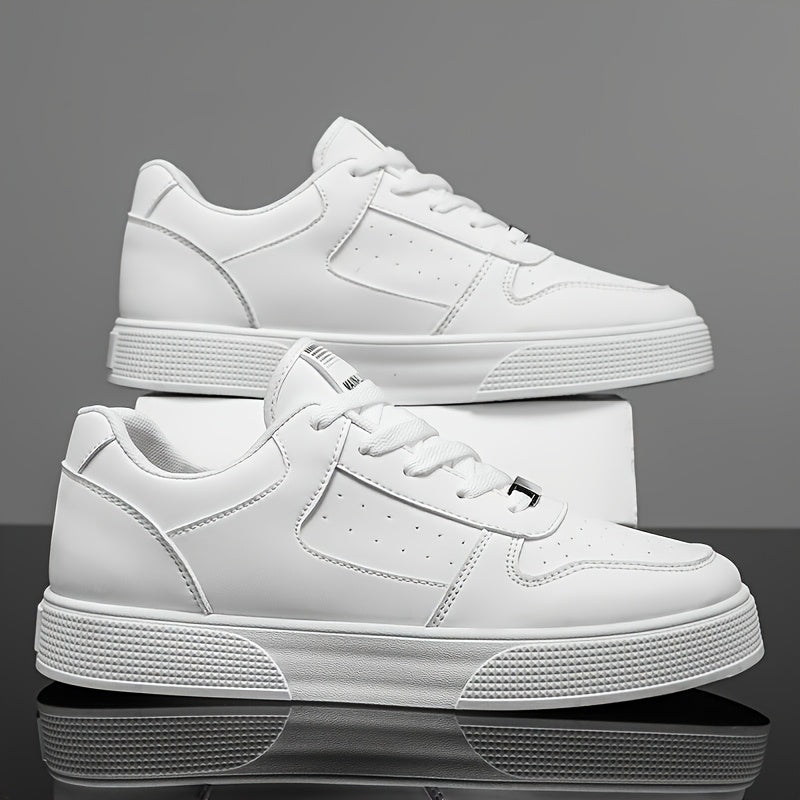 A Pair of Breathable Skate Shoes - Stylish White Low-Top Casual Sneakers with a Durable PU Upper And PVC Sole, Featuring Comfortable Laces, Suitable for All Seasons - ayq