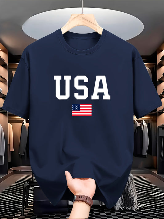 USA Flag Print Crew պարանոցի վերնաշապիկ, սովորական պոլիեսթեր տրիկոտաժե թիկնոց, թեթև ձգվող, այբուբենի ձևանմուշ, տրիկոտաժե դետալ, տղամարդկանց համար, ամառային կարճաթև շապիկ