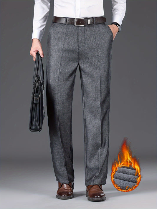 Men'S Solid Color Polyester Dress Pants - Fall/Winter Warm Fleece-Lined Thickened Straight-Leg Trousers with Slant Pockets, Regular Fit, Non-Stretch Woven Fabric, Long Length
