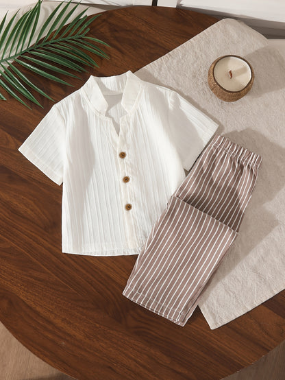 Boys' Casual Summer Shirt and Pants Set, Polyester Blend - ayq