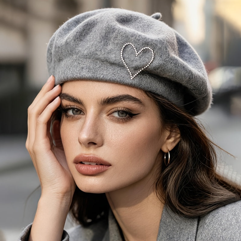 Women's Wool Beret Hat with Rhinestone Heart - Lightweight Warm