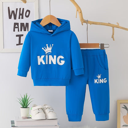 2 հատ Baby Boy's Casual Fashion Outfit Hooded KING Print երկարաթև մարզաշապիկ + շալվար բացօթյա հավաքածու