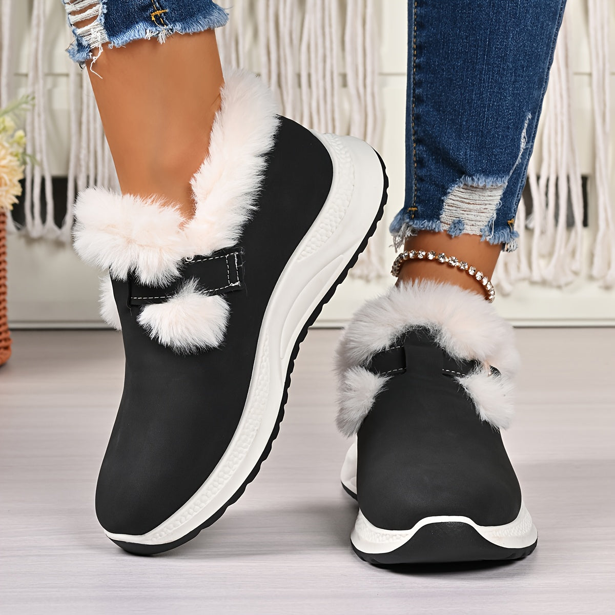 Women's Plush Winter Snow Boots with Faux Collar & - Slip-On/Lockable Ankle Strap, Cushioned PVC Sole - Grey/Lavender Synthetic - Warm Cozy Shoes for Ice, Snow, Indoor/Outdoor (Wide Widths Available) - Ideal, Winter Boots For