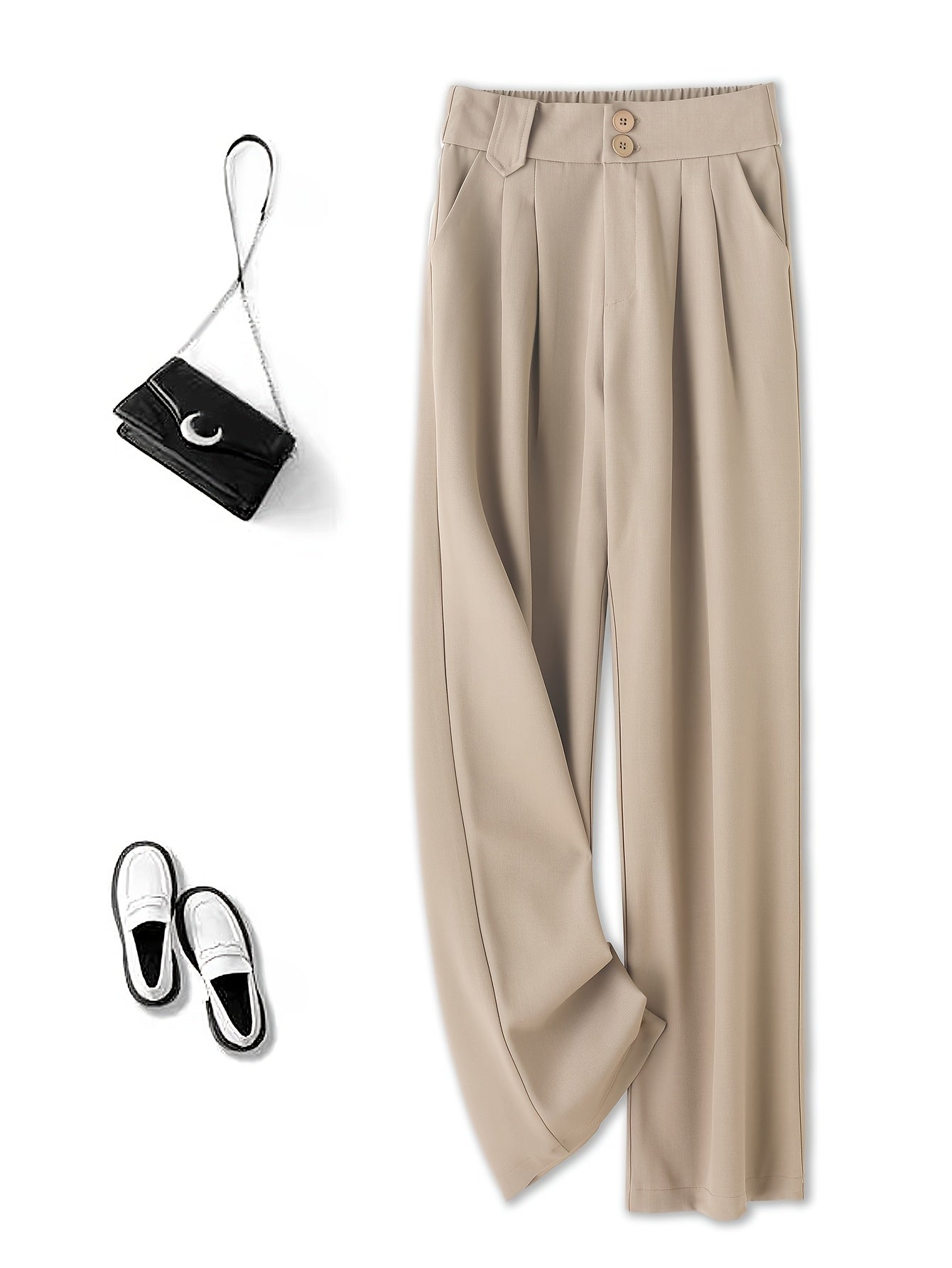 1pc Women'S High-Waist Casual Wide-Leg Trousers, Solid Color, Regular Fit Long Pants, Polyester Twill Fabric, with Button Closure for Work and Leisure - Seasonal Fashion