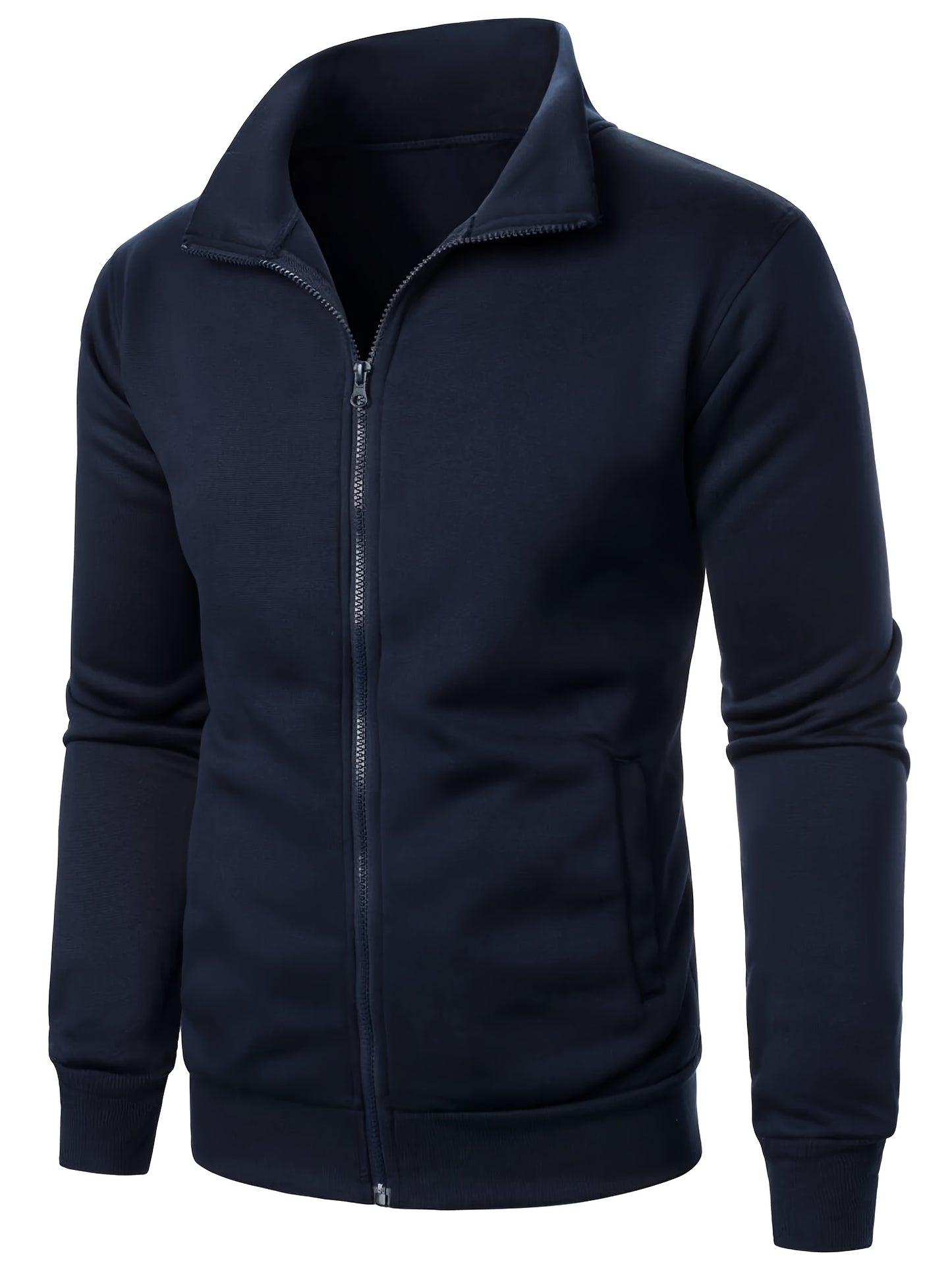 Men'S Slim-Fit Fleece-Lined Zip-Up Hoodie - Warm Long Sleeve Casual Jacket with Stand Collar, Solid Color, Polyester Lining, Pockets, Regular Fit for Fall/Winter, Winter Hoodie, Autumn Outerwear, Sleek Design, Durable Fabric,