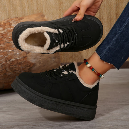 Women's Cozy Fleece-Lined Winter Sneakers - Thick Sole, Non-Slip, Lace-Up Casual Shoes for Outdoor Comfort