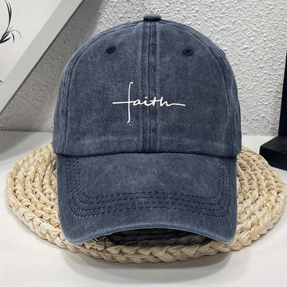 Vintage Street Style Water Wash Denim Polyester Baseball Cap, Faith Print, for Men, Women