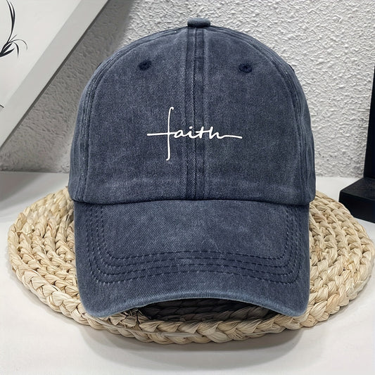 Vintage Street Style Water Wash Denim Polyester Baseball Cap, Faith Print, for Men, Women
