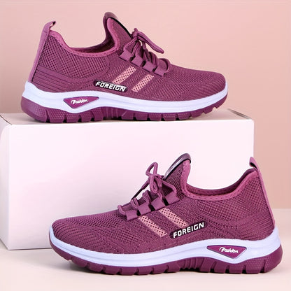 Women's Lightweight Breathable Knit Running Sneakers - Casual Sneakers with Lace-Up Closure, Dual-Layer PVC Sole for Easy Wear & Comfort, Black & Red Striped Design, Perfect for Outdoor Activities, Walking, and Daily Commute,