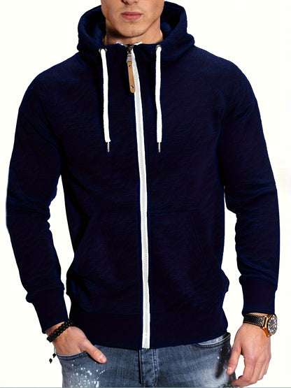 Men'S Navy Blue Hooded Zip-Up Sweatshirt - Casual Long Sleeve Pullover with Front Pockets, Soft Polyester Fabric, Perfect for Fall/Winter, Everyday Comfort Apparel|Hooded Sweatshirt|Zippered Hoodie
