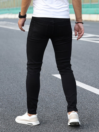 Slim Fit Chic Jeans, Men's Casual Street Style All Match Stretch Denim Pants With Pockets