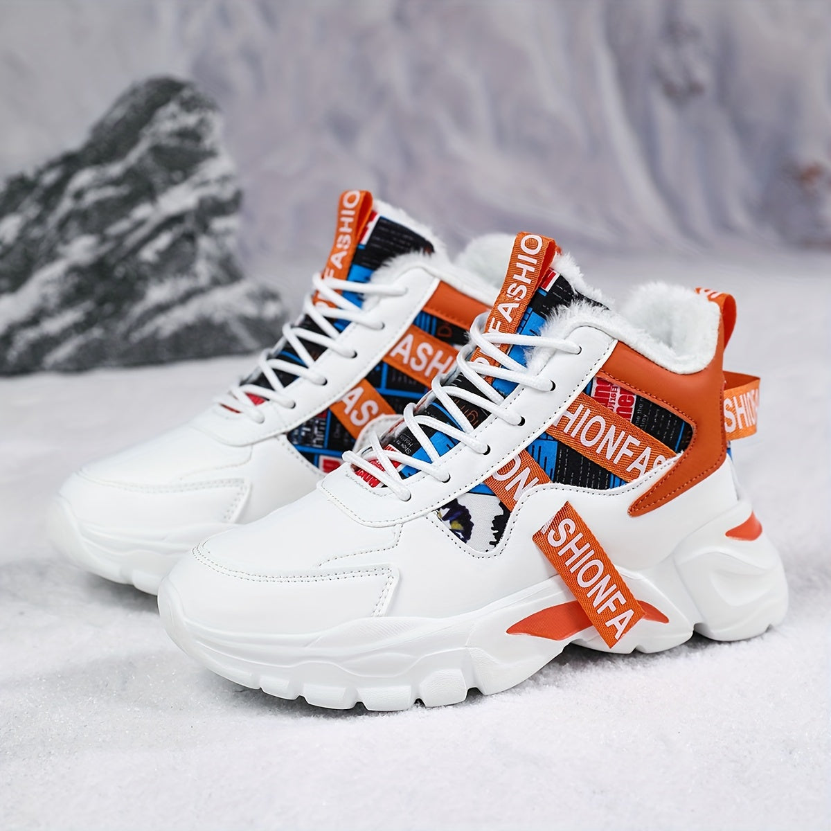 Women's Geometric Waterproof Snow Sneakers, Shock-Resistant Microfiber Upper, Flannel Lined, EVA Sole, Autumn & Winter High-Top Plush Fashion Shoes from Quanzhou