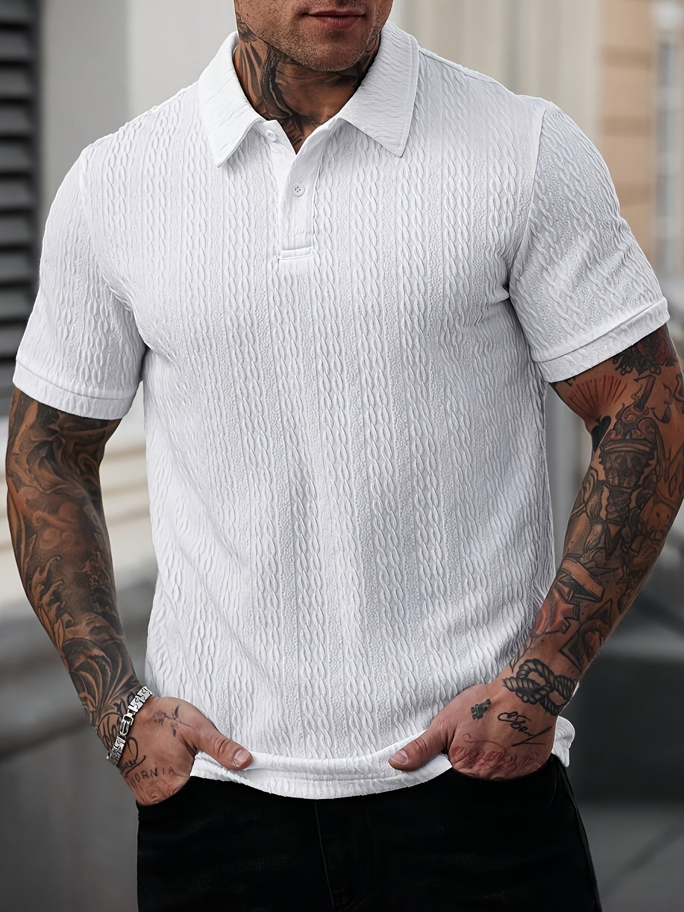 Summer Casual Textured Polo Shirt | Men'S Short Sleeve, Regular Fit, Solid Color with Button Details, Perfect for Outings and Festivals - ayq