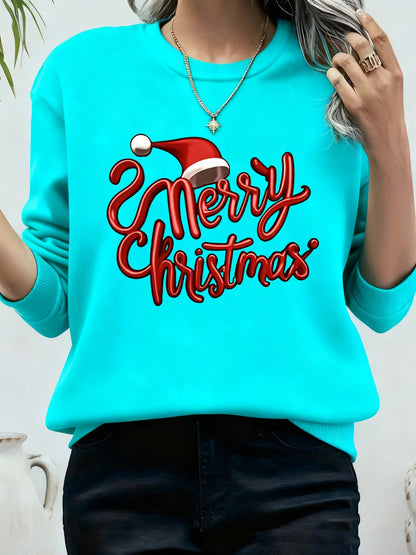 Women's Rich Red Christmas Sweatshirt - Thick Warm Winter Pullover for Holiday Party Outfits, Non-Stretchy Round Neck Sweater, Machine Washable Cold Weather Clothing Gift for Her, Festive Sweater, Santa Hat Design, Soft Textu