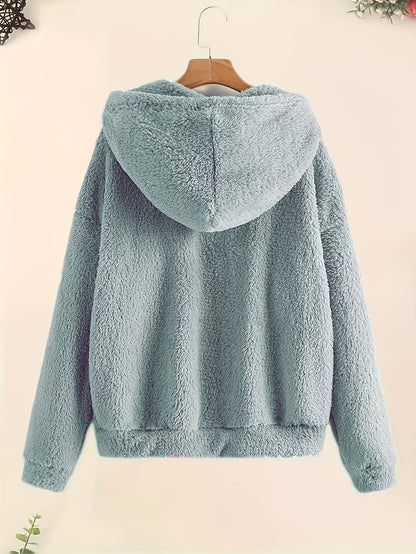 Cozy Fleece-Lined Hooded Jacket for Women - Casual Solid Color with Drawstring, Zip-Up Front, Long Sleeves - Perfect for Fall & Winter