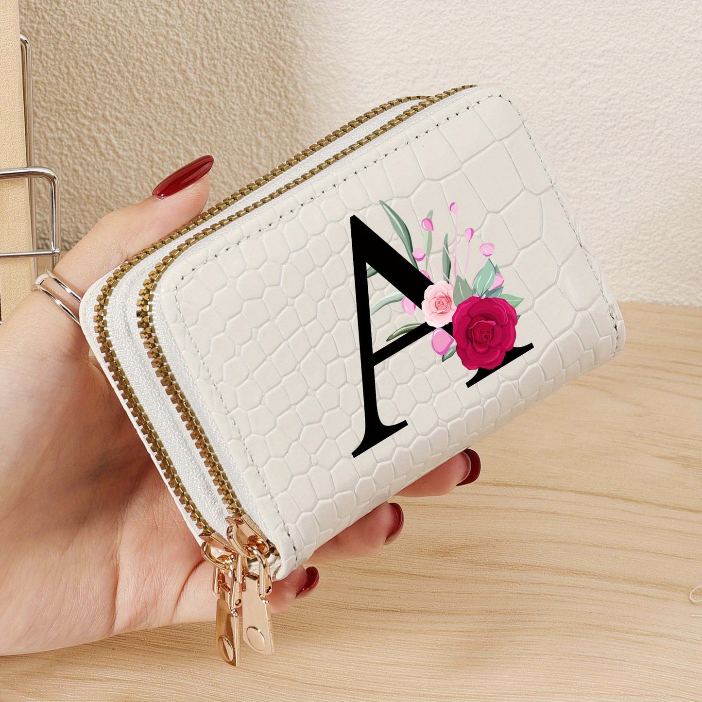 Minimalist Women'S Short Wallet Featuring a Double Zipper Design, with a Crocodile A-Z Letter Pattern. This Stylish Handbag Also Serves As a Fashionable Coin Wallet, Perfect for Travel, Back-To-School, Or Parties.