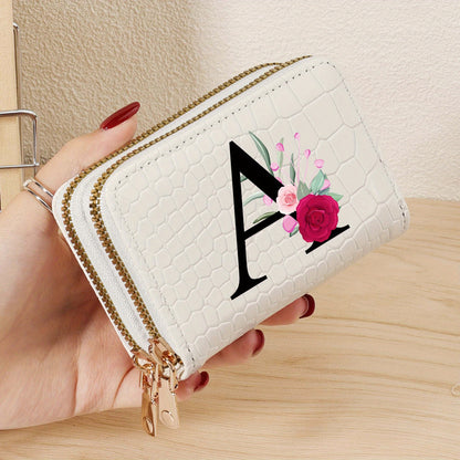 Minimalist Women'S Short Wallet Featuring a Double Zipper Design, with a Crocodile A-Z Letter Pattern. This Stylish Handbag Also Serves As a Fashionable Coin Wallet, Perfect for Travel, Back-To-School, Or Parties.