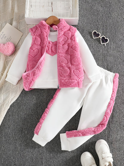 Girls 3-Piece Heart Pattern Fall/Winter Casual Set - ayq