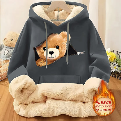 Women'S Plush Fleece-Lined Hooded Sweatshirt with Bear Print & Zipper Closure - Cozy Winter Warmth, / Color Block Design, Soft Fleece Fabric, Casual Pullover for Fall & Winter, Autumn Winter Apparel | Hooded Sweatshirt | Zipp