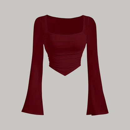 Women'S Elegant Square Neck Solid Color T-Shirt, Polyester Knit Fabric, Short Length, Stretchy Slim Fit, Spring/Fall Fashion Top