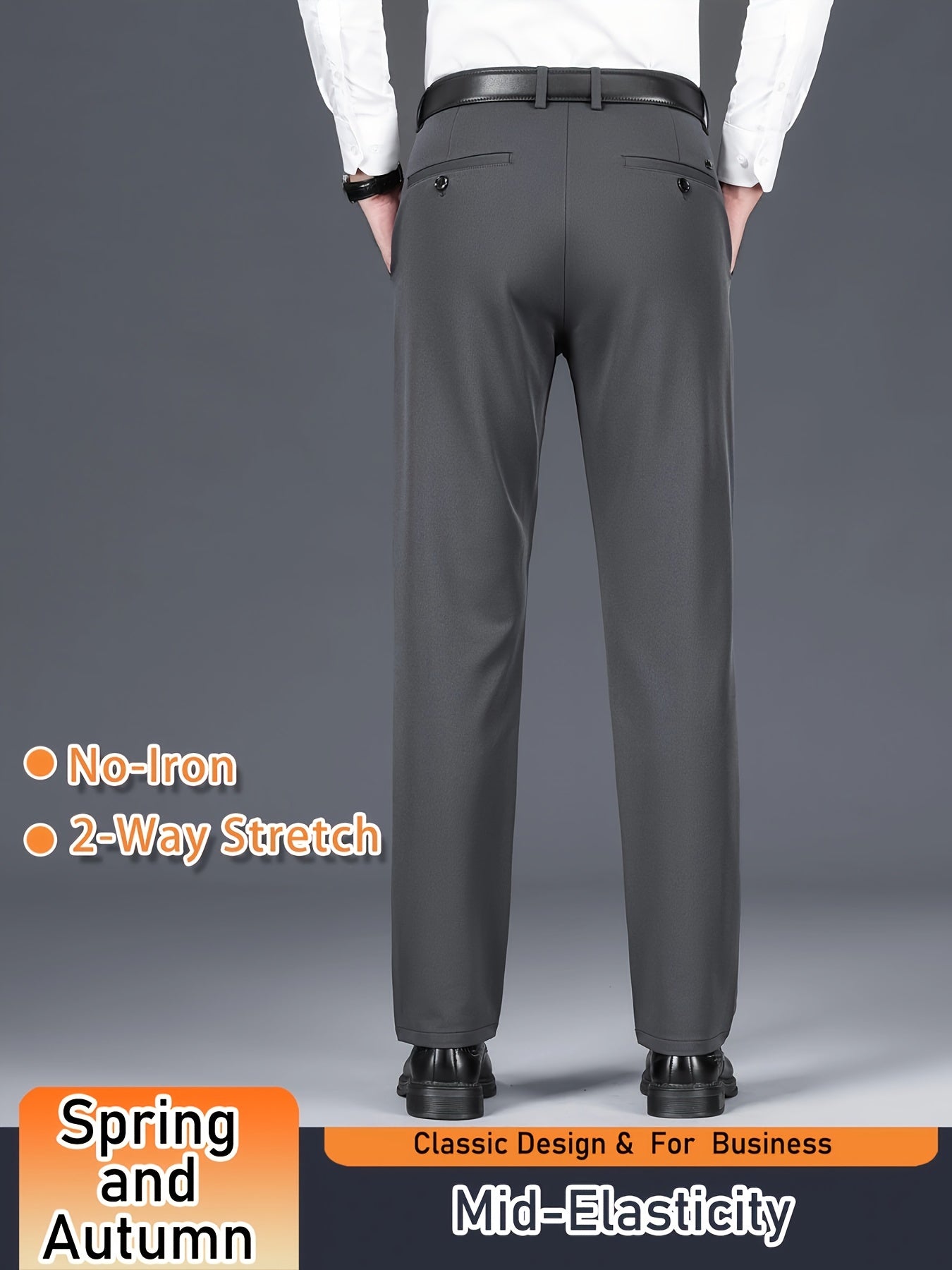 Men's Solid Color Dress Pants, Classic Design Slightly Stretch Formal Dress Pants For Business Occasions, Spring And Fall