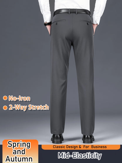 Men's Solid Color Dress Pants, Classic Design Slightly Stretch Formal Dress Pants For Business Occasions, Spring And Fall