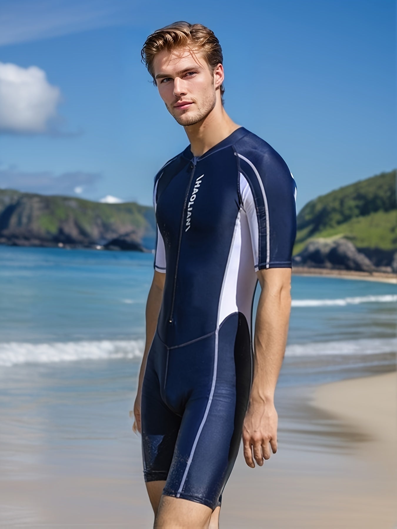 Men's Sports One-Piece Swimsuit with Front Zipper for Training