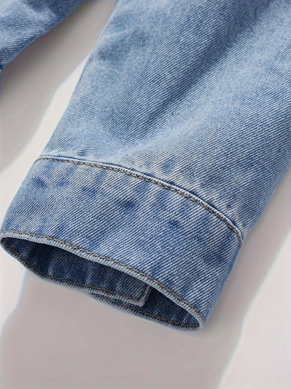 Men's Chic Washed Denim Jacket, Casual Street Style Button Up Contrast Stitching Jacket For Fall Winter