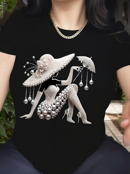 Women's Casual Geometric Pattern Cotton T-Shirt - Short Sleeve