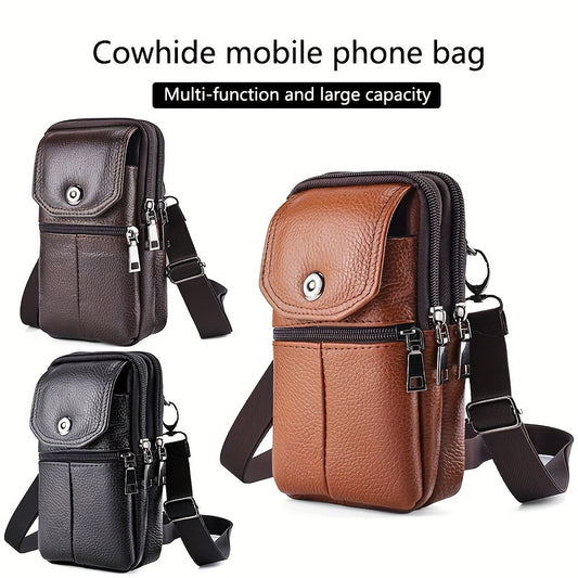 1pc Genuine Leather Cowhide Men's Waist Bag, Multi-Functional Zippered Phone Pouch with Adjustable Strap and Spacious Compartments for Work & Daily Use, Casual Style Top Layer Leather Fanny Pack