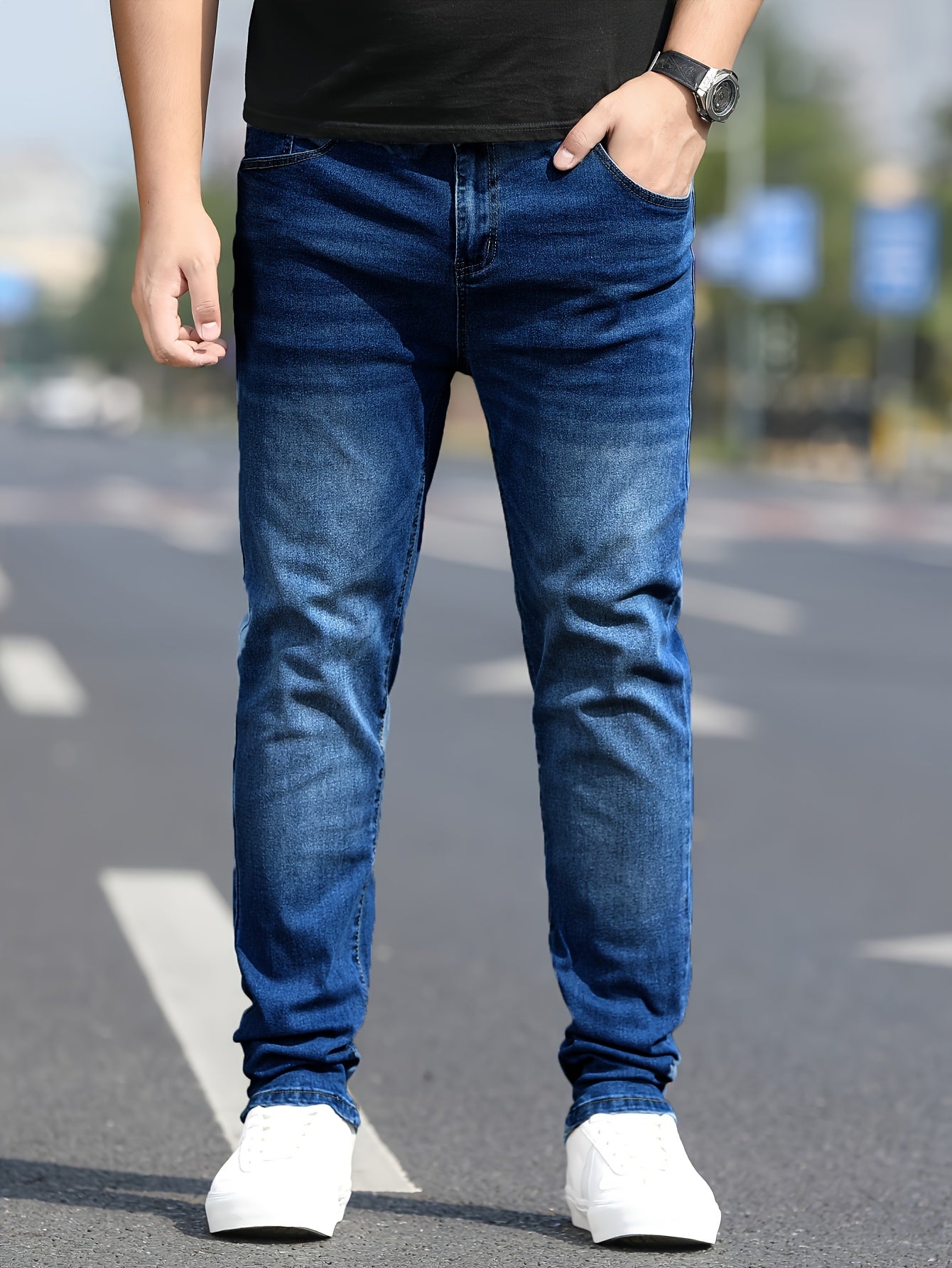 Men's Washed Jeans - Solid Color Casual Straight-Look Pants, Machine-Washable All-Season Fit for Casual Attire & Smart-Casual Outfits (Regular Length) - ayq