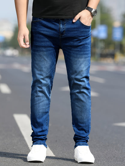 Men's Washed Jeans - Solid Color Casual Straight-Look Pants, Machine-Washable All-Season Fit for Casual Attire & Smart-Casual Outfits (Regular Length) - ayq