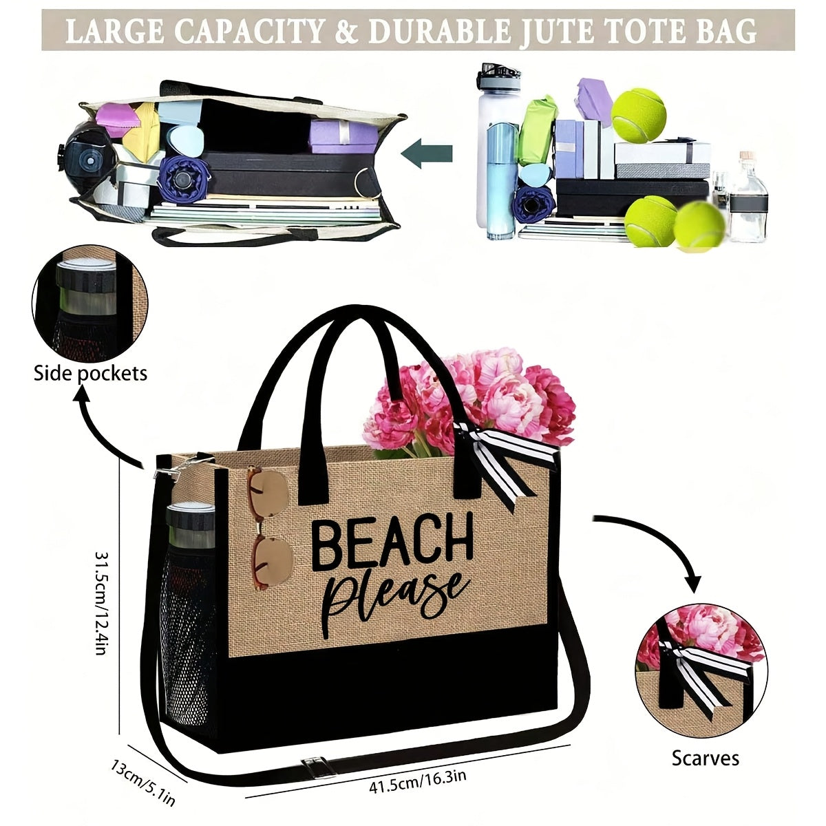 Women's Beach Tote Bag with 'Beach Please' Print - Large Capacity